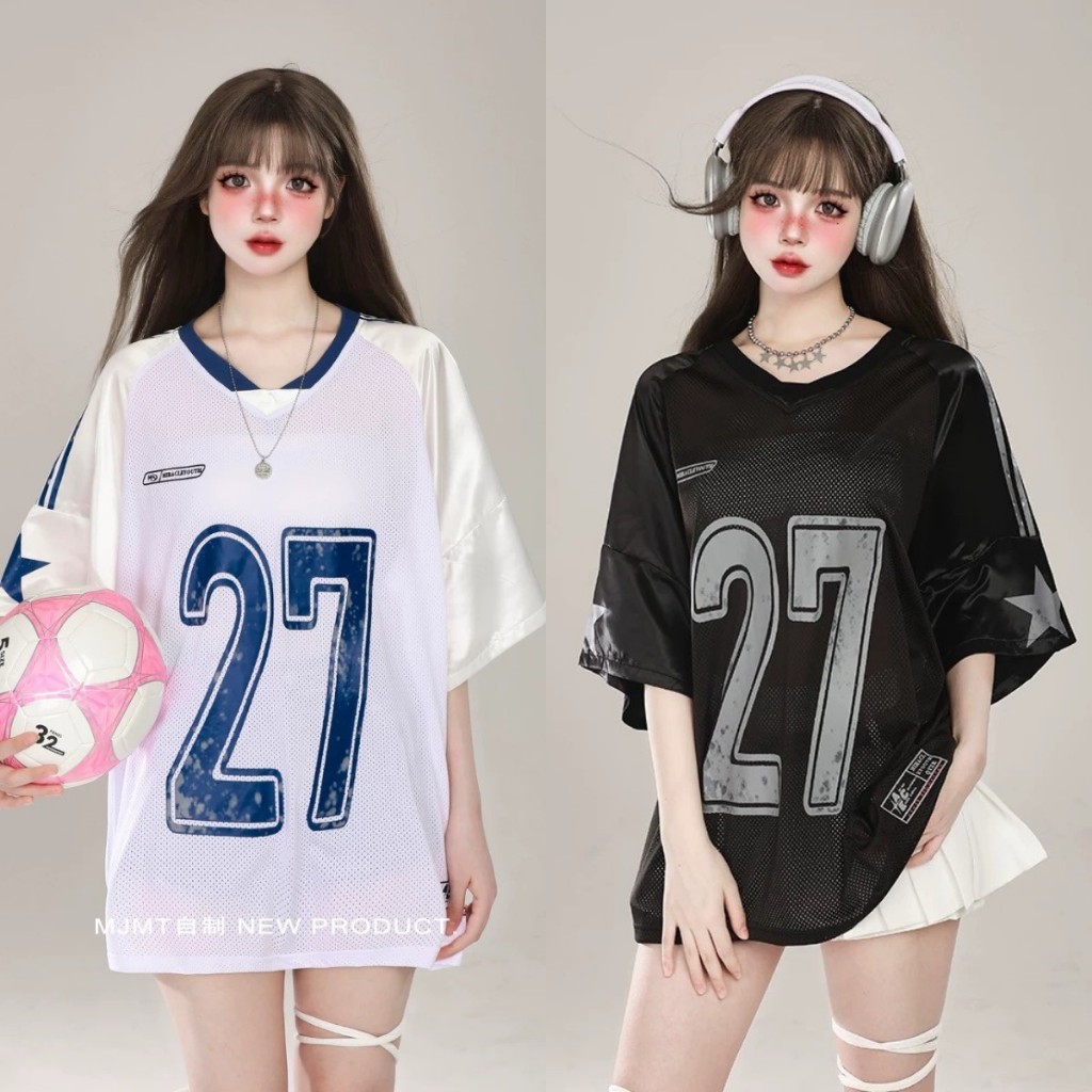 เสื้อยืด unisex สไตล์เกาหลี Oversize หลวมเสื้อฟุตบอล NO.27 เสื้อยืดกีฬาสําหรับผู้หญิง Streetwear Hottrend 2024