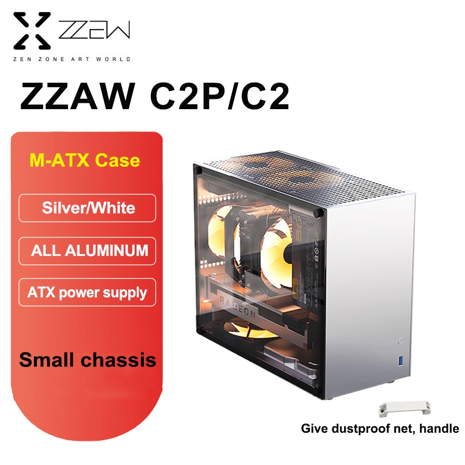 ZZAW C2P/C2 อลูมิเนียมทั้งหมด MATX กรณีด้านข้างกระจกนิรภัย ATX Power Mini Gaming คอมพิวเตอร์เดสก์ท็อ