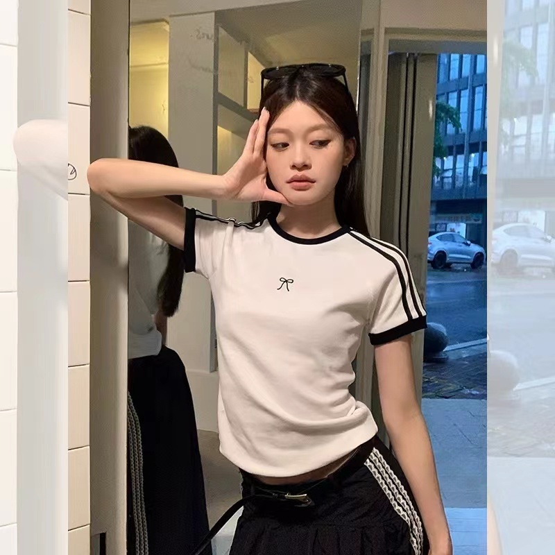 เสื้อลายโบว์ เสื้อยืดคอกลม ทรงเข้ารูป สไตล์สปอร์ต แบบใหม่รับซัมเมอร์ A107 A028