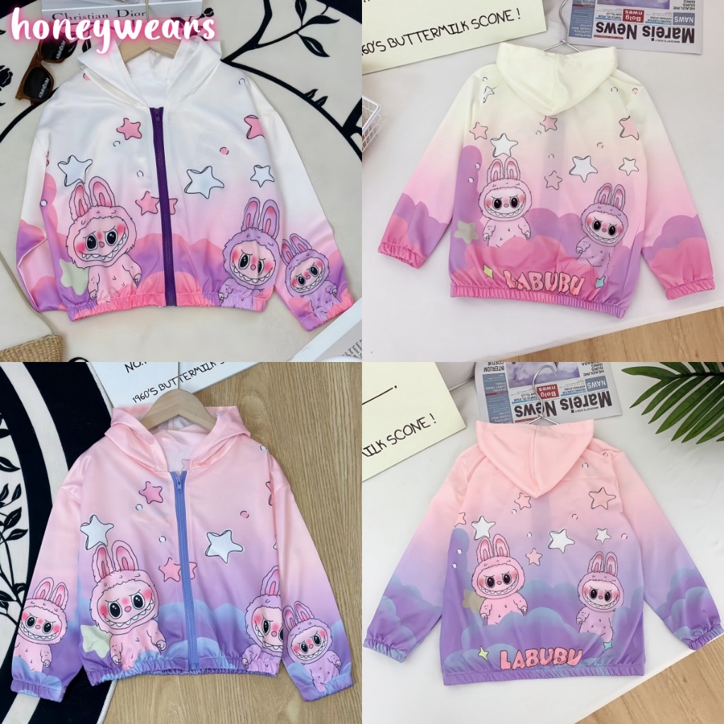 honeywears⚡️พร้อมส่ง⚡️เสื้อแขนยาวแจ็กเก็ตลูกสาว มีฮู้ด ลายลาบูบู้ เสื้อคลุมเด็กน่ารัก สไตล์เกาหลี ไซส์ 110-150