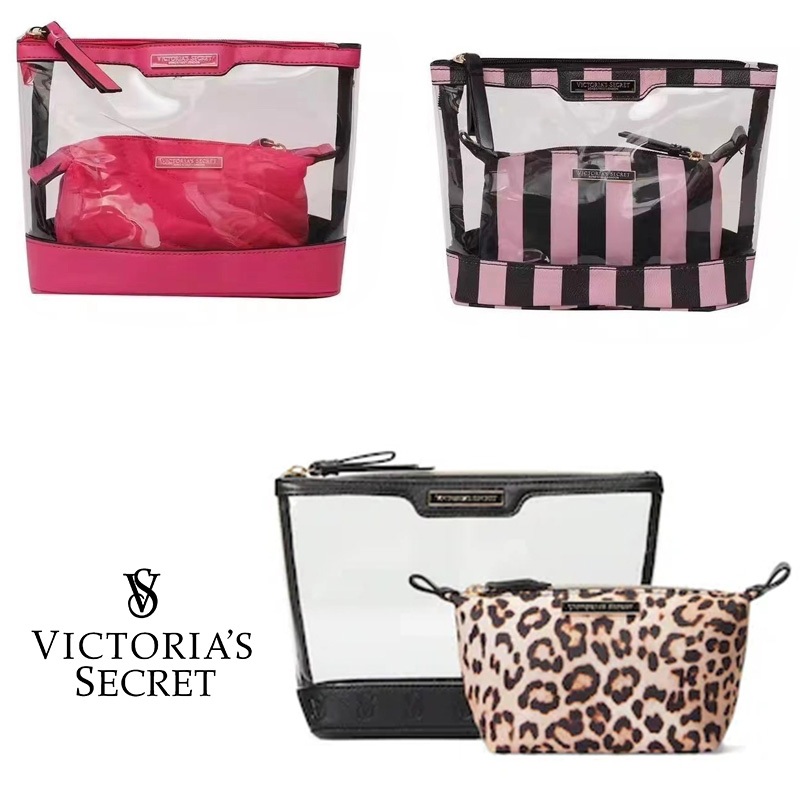 Victoria Secre 2 ชิ้นชุดกระเป๋าเครื่องสําอางโปร่งใสคลาสสิก Fahion Travel Toiletry Organizer กระเป๋าแบบพกพา Hand Storage กระเป๋าแต่งหน้าสําหรับผู้หญิง