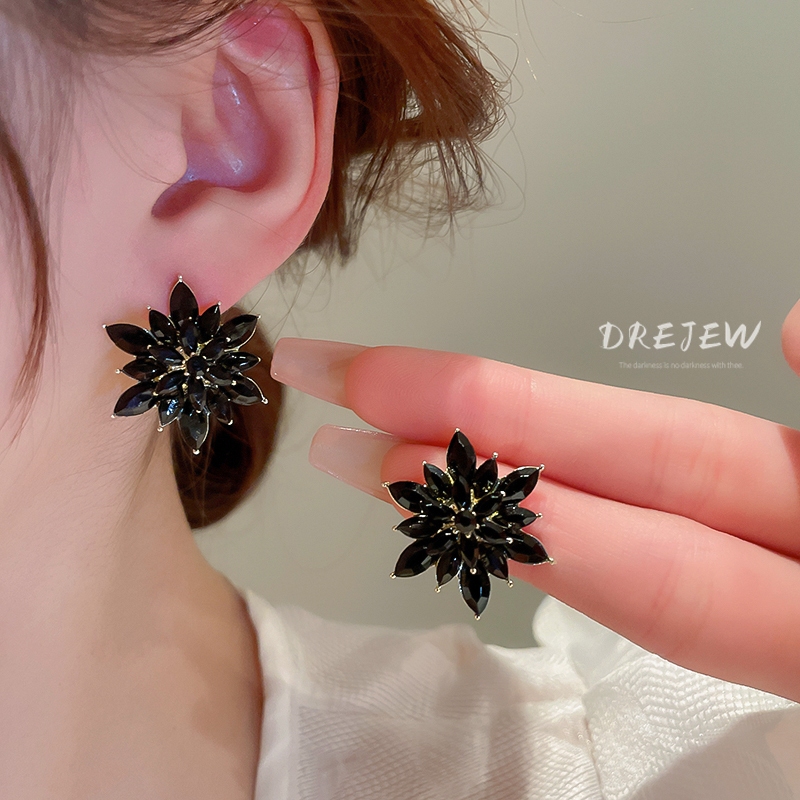 DREJEW เดรช 925 เงินเข็มเกาหลีส่วนบุคคลออกแบบเพทายดอกไม้สีดําต่างหูต่างหูแฟชั่น,ระดับไฮเอนด์แสงหรูหราต่างหู ไม่แพ้ง่าย
