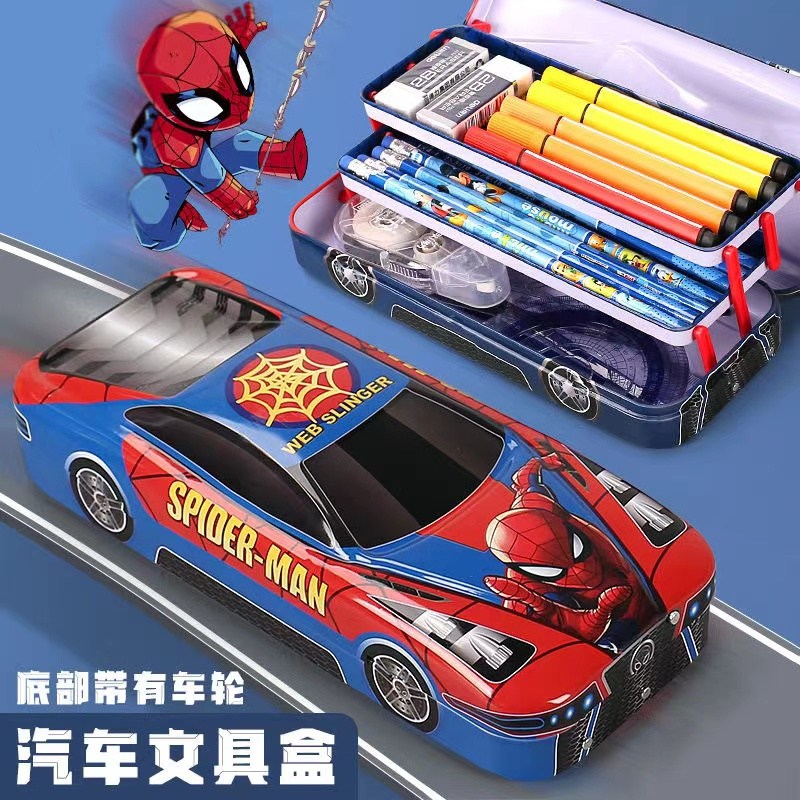 Disney Spiderman Kids Pencil Case Cartoon Triple-deck Car Multifunctional Creative Iron Pencil Case For Elementary School Student