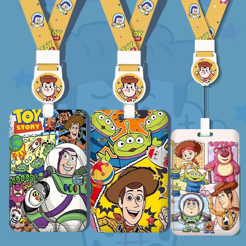 Anime Toy Story Retractable Card Holder Premium ABS Plastic Hard Shell Halter ID Holder Anti-Lost Woody Buzz Lightyear Long Lanyard Cute Brand Work Brand Student Card School Card