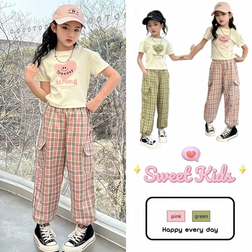 SweetKids พร้อมส่งจากกทม ชุดเซ็ทแฟชั่นเด็กผู้หญิง เสื้อแขนสั้นลายน่ารักกางเกงลายสก๊อต ทรงหลวม สไตล์เกาหลี ฤดูร้อน
