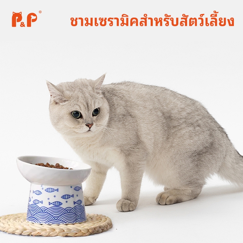 P&P ชามอาหารแมวเซรามิก เซรามิคทนความร้อน ทรงยกสูง ใช้งานง่าย ได้ทั้งหมาและแมว