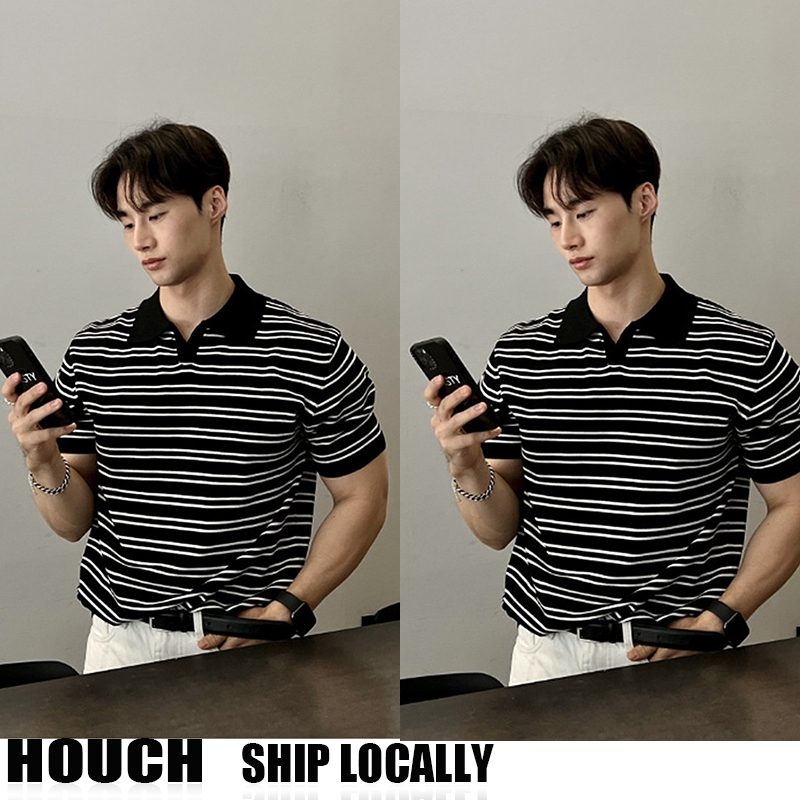 Houch พร้อมส่ง COD เสื้อ​คอปก​ เสื้อ​โปโล เสื้อแขนสั้น ลายทาง ผ้าดีสวมใส่สบาย