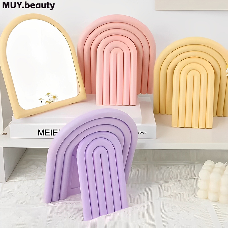 กระจกแต่งหน้ารูปโค้ง,การตกแต่งโต๊ะเครื่องแป้งโต๊ะเครื่องแป้ง,กระจกเสริมความงามความงามความงามพลาสติกแบบพับได้สําหรับหอพักและใช้ในบ้าน