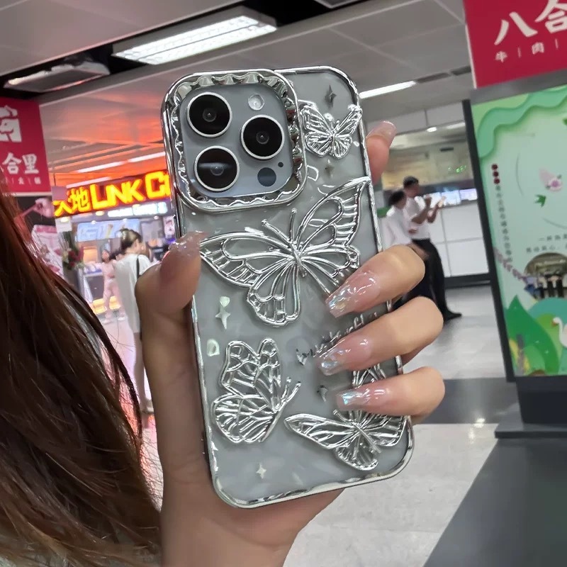 Butterfly/เคสใส Tpu/silver เข้ากันได้กับ iphone 11 12 13 14 15 16 pro max กรณี