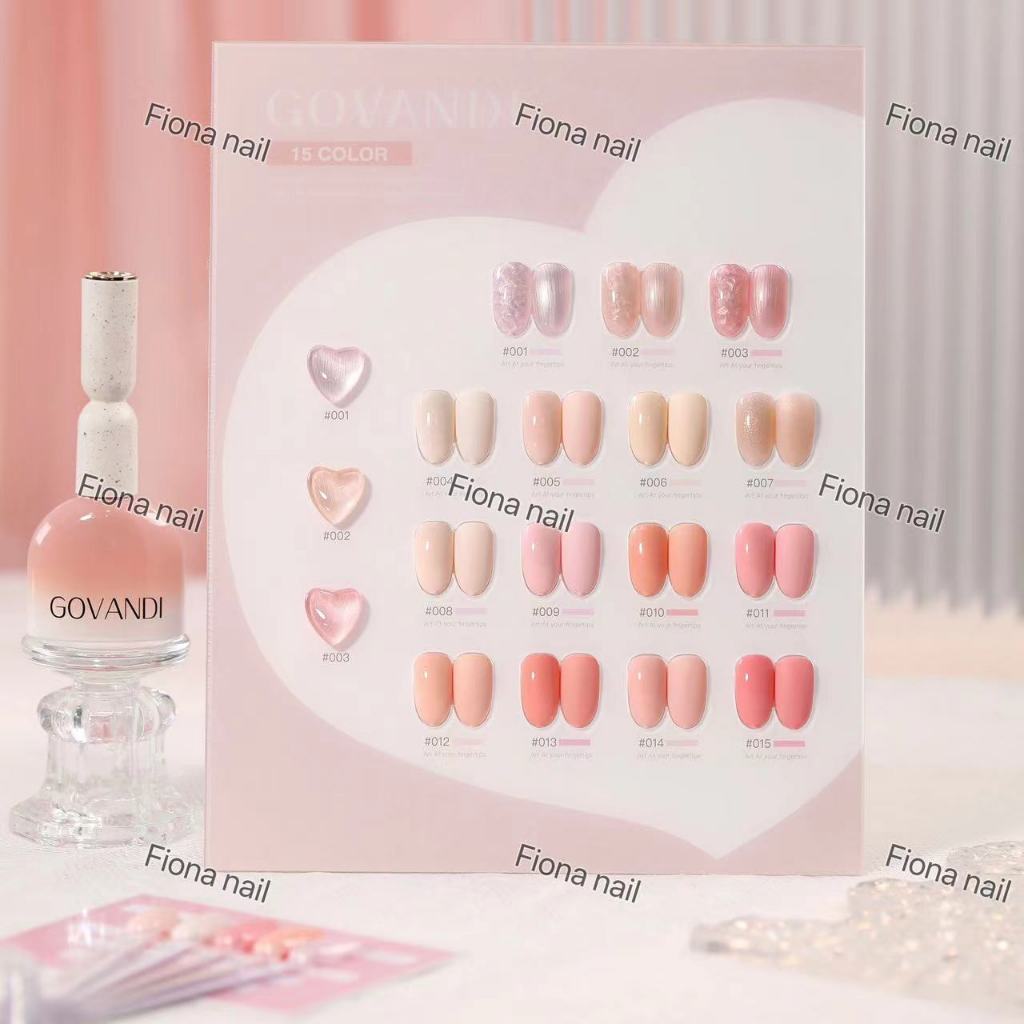 ยาทาเล็บสีเจล เซ็ต Govandi 15สี โทนสีชมพู พีช Peach G004 ขวดน่ารักม๊าก เนื้อสีดี แถมชาร์ตสี 15ml