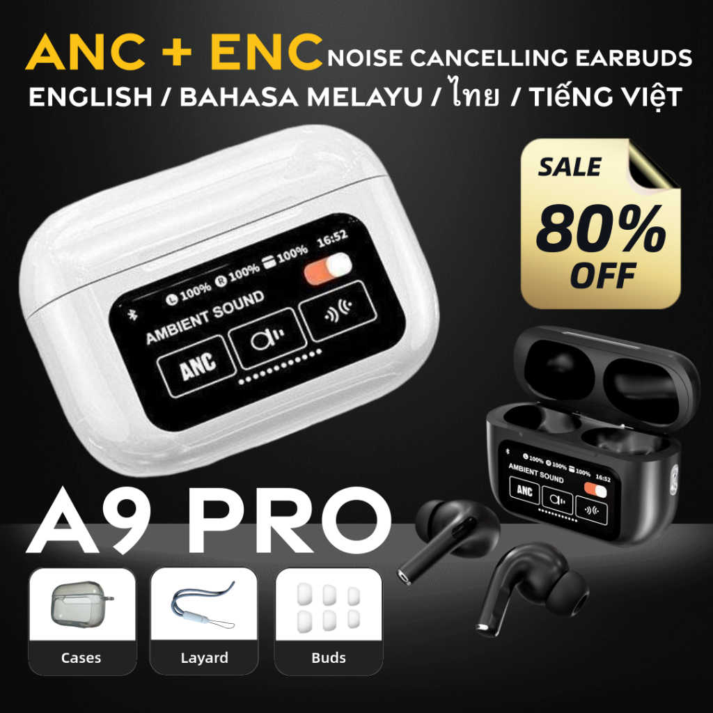 A9 pro หน ้ าจอสัมผัส ANC ชุดหูฟังไร ้ สาย TWS หูฟังตัดเสียงรบกวนหูฟังบลูทูธ 5.3 รองรับ APP อายุการใ
