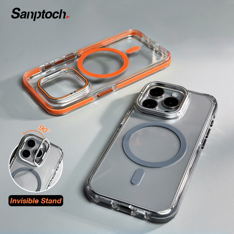 Sanptoch สําหรับแม่เหล็กที่มองไม่เห็นขาตั้งเคสโทรศัพท์สําหรับ iPhone 17 / 16 / 15 / 14 / 13 / 12 Pro Max Clear กันกระแทกฝาครอบกันชนเคสใสป้องกันพร้อมที่ใส่เลนส์กล้อง