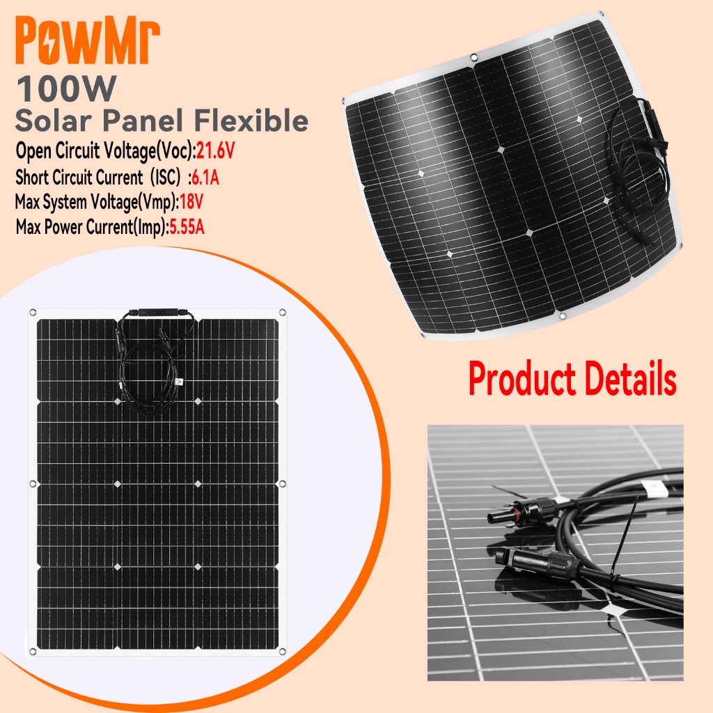 Powmr 100W แผงพลังงานแสงอาทิตย์แบบยืดหยุ่น Monocrystalline Solar Cell DIY สายรถกลางแจ้ง RV กันน้ําแบบชาร์จไฟได้ระบบ