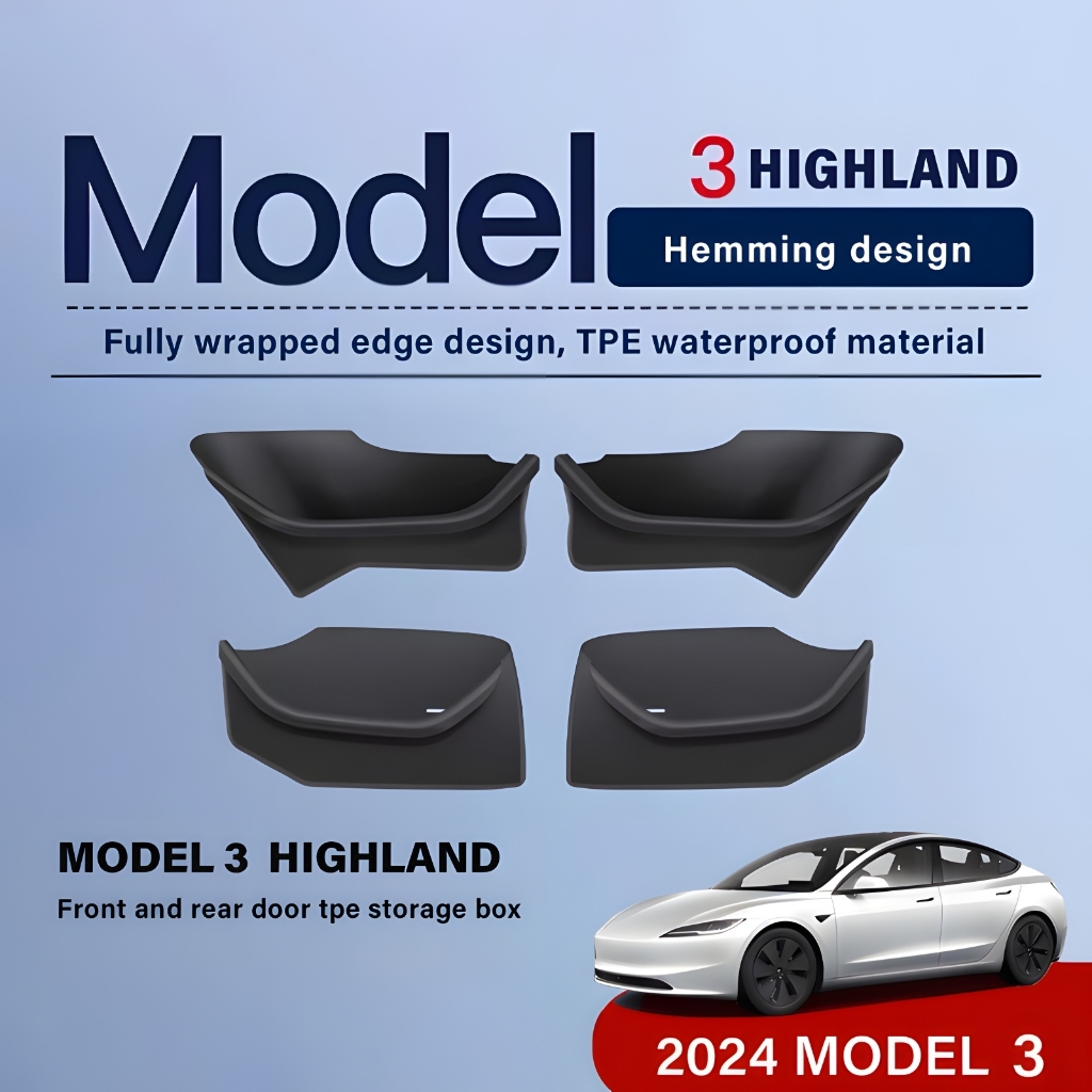 【การจัดส่งที่รวดเร็ว】ชุดกล่องเก็บของ 4 ชิ้นสำหรับ 2024 Tesla Model 3 Highland performance ประตูหนังนิ่มแผ่นป้องกันกันน้ำและกันฝุ่น TPE กล่องเก็บอุปกรณ์เสริม