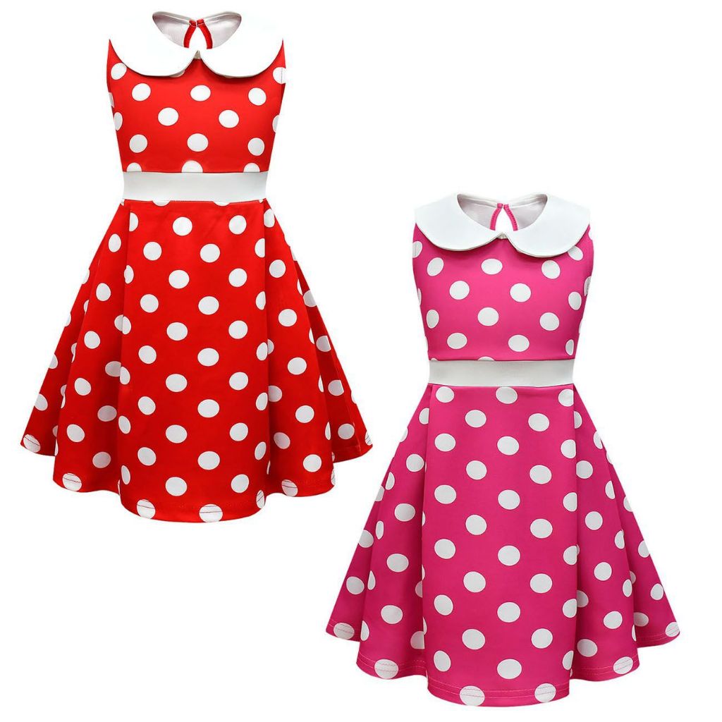 เด็กผู้หญิง Minnie Mickey Mouse Lapel Polka Dot ชุดเด็กสีชมพูแดง