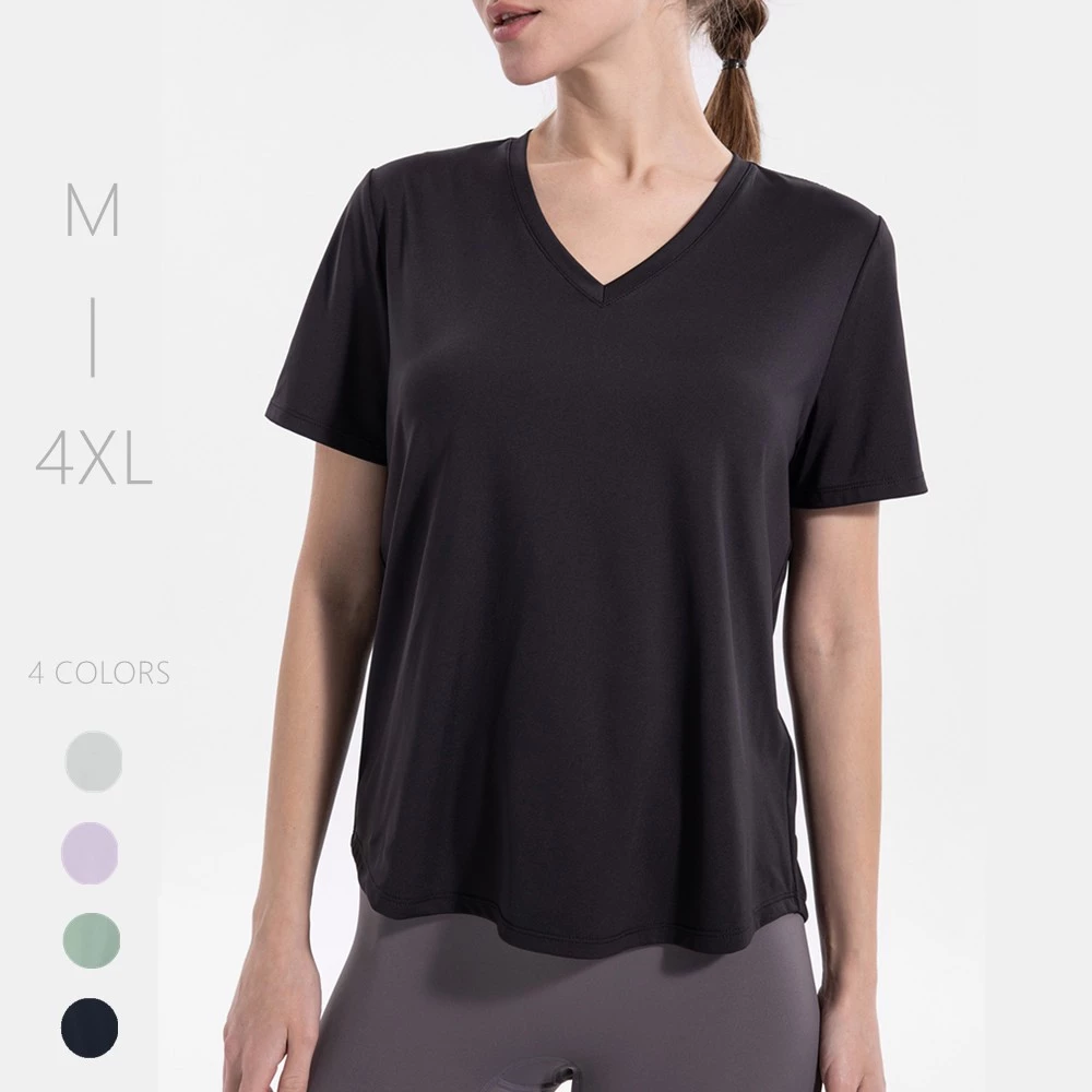 เสื้อออกกำลังกายผู้หญิงไซส์ใหญ่ คอวี แขนสั้น สำหรับวิ่งและโยคะ 4XL