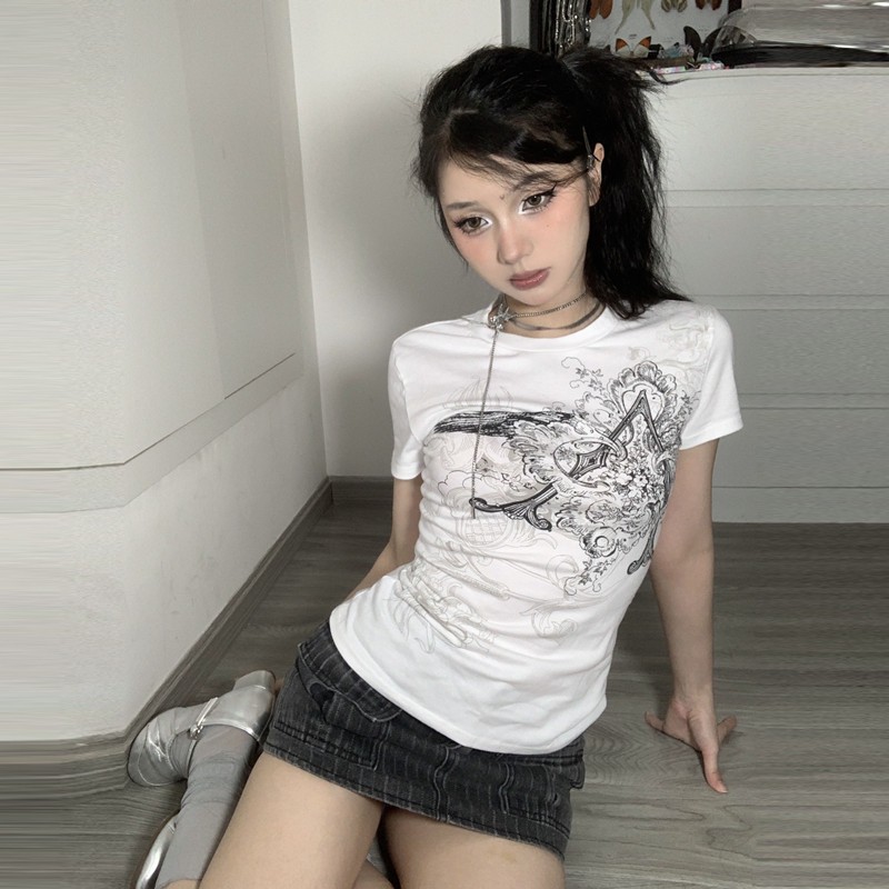 Retro แฟชั่นพิมพ์ Y2K Crop Top ผู้หญิงแขนสั้น O คอ Casual เสื้อยืดความงาม Basic Tees - รูปที่ 4