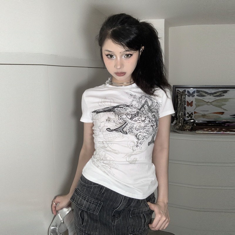 Retro แฟชั่นพิมพ์ Y2K Crop Top ผู้หญิงแขนสั้น O คอ Casual เสื้อยืดความงาม Basic Tees