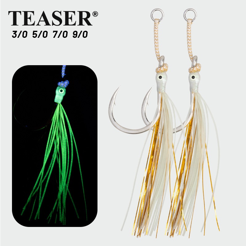 TEASER【HK028】3pcs 3/0 5/0 7/0 9/0 UV Luminous ช้า Jig Hooks ตกปลา Jigging Assist Hooks 8084 น้ําเค็มเหล็กคาร์บอนสูงตกปลาตะขอเดี่ยว