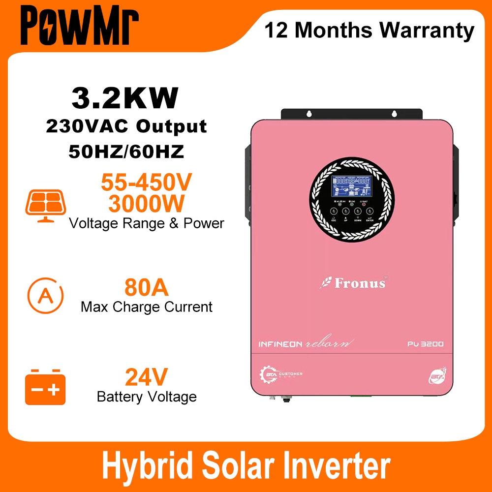 PowMr MPPT 3KW Hybrid Solar Inverter ในตัว 80A Solar Charge Controller แรงดันไฟฟ้าเริ่มต้น PV 55Voc 50/60Hz Auto 24V Pure Sine Wave อินเวอร์เตอร์