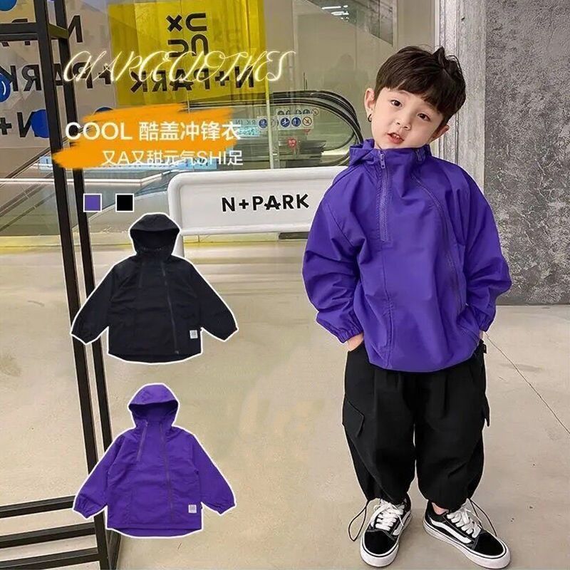 เด็กเสื้อผ้าเด็กแจ็คเก็ตคลุมด้วยผ้าเด็กสีทึบซิปคู่แฟชั่น กันลม เสื้อฤดูใบไม้ผลิฤดูใบไม้ร่วงวัยรุ่นกลางแจ้งแจ๊กเก็ต