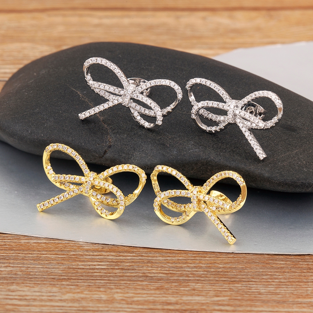 คุณภาพสูง Bow Shape ความงาม Lucky Stud ต่างหูสําหรับผู้หญิงประกายเพทายหูเครื่องประดับขายส่งอุปกรณ์เสริมของขวัญ