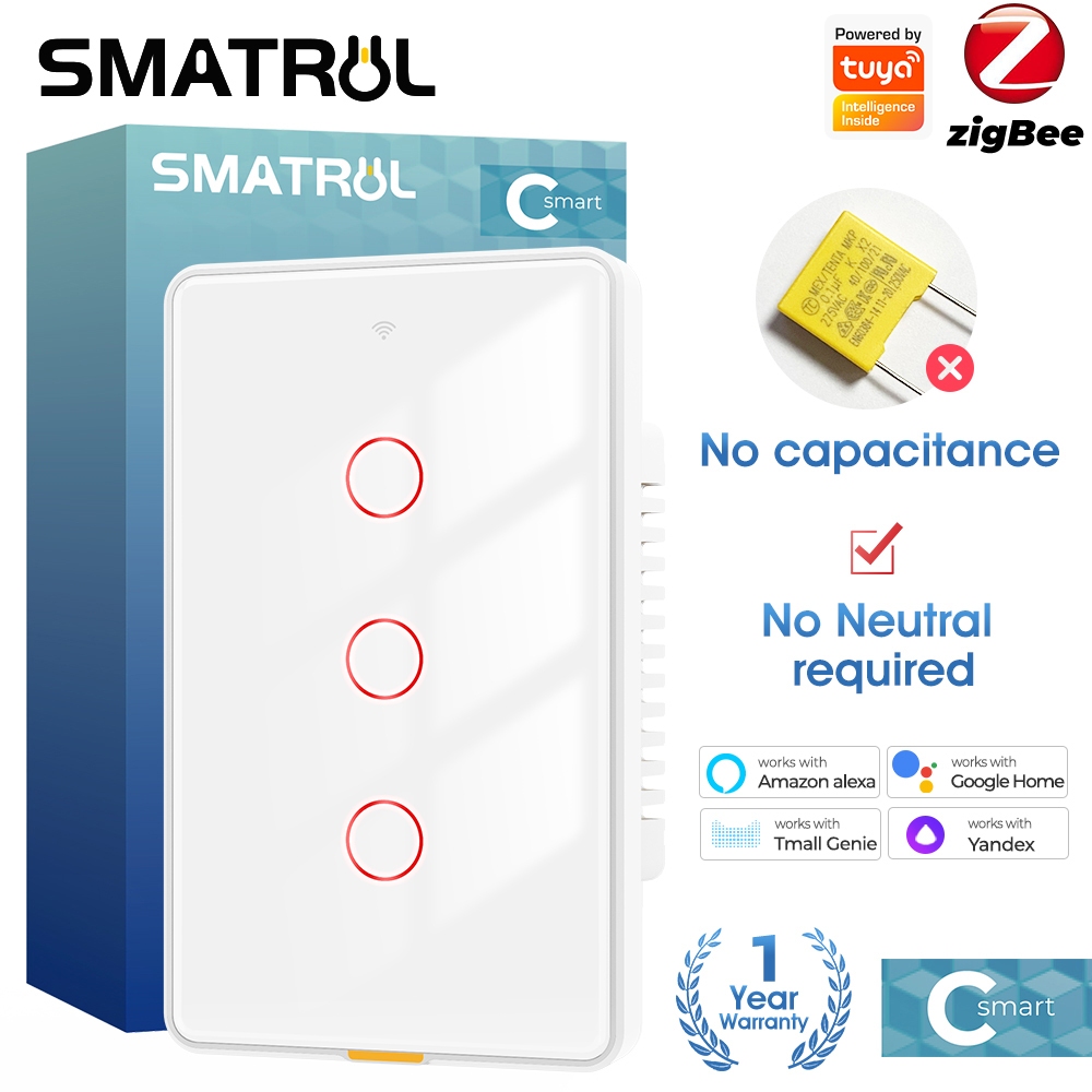 Smatrul Tuya Zigbee สวิตช์ไฟอัจฉริยะ ไม่มีตัวเก็บประจุ 1/2/3 Gang US Brazil 110v-240V แม่เหล็ก สําหรับ Alexa Google Home Smart Life