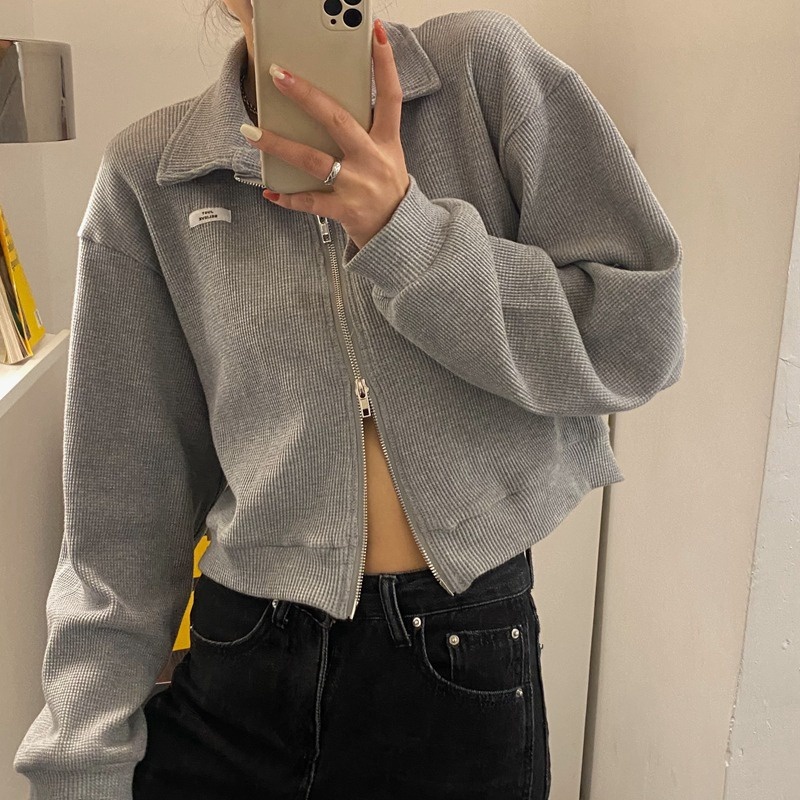 Gjcute เสื้อกันหนาวลําลอง แขนยาว มีฮู้ด มีซิป ทรงหลวม สีพื้น แฟชั่นฤดูใบไม้ร่วง สําหรับผู้หญิง WTD