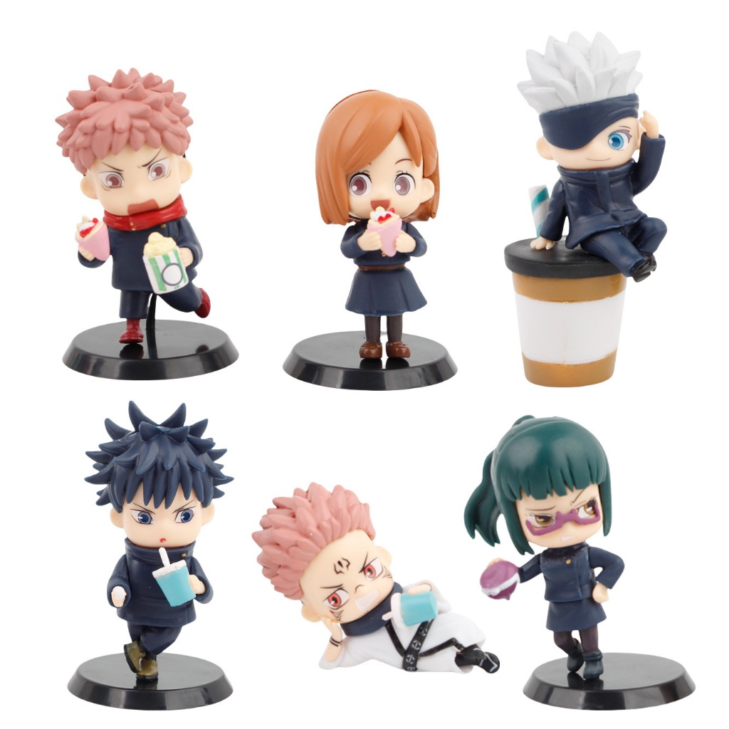 6 ชิ้น/เซ็ต 9 ซม.อะนิเมะ Jujutsu Kaisen รูปกาแฟขนมหวาน Itadori Yuji Gojo Satoru Ryomen Sukuna Kugisaki Nobara รุ่น Q PVC ตัวเลขการกระทําตุ๊กตาของเล่น