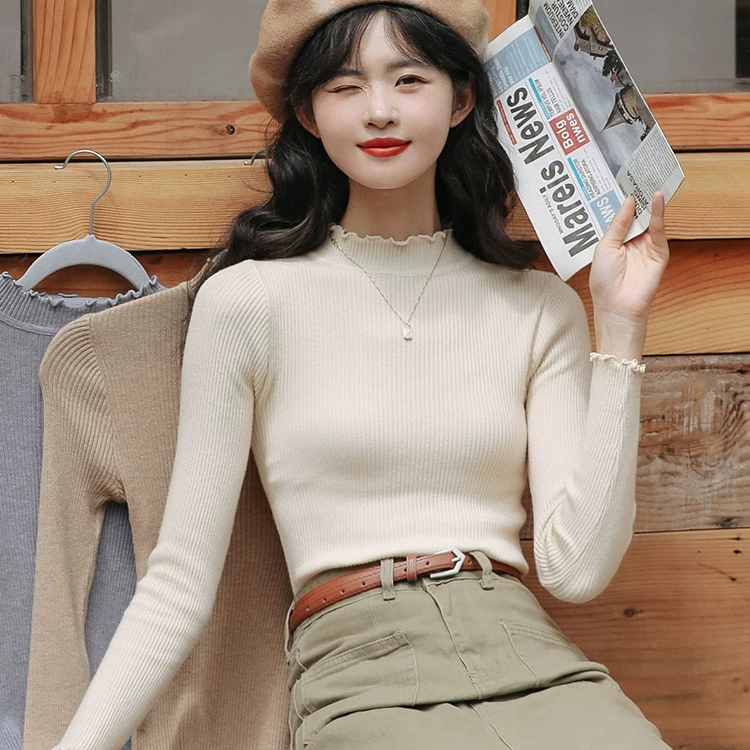 ฤดูใบไม้ร่วงใหม่สไตล์ครึ่งคอเต่าเสื้อกันหนาวผู้หญิงบาง-พอดี จุดต่ําสุด เสื้อทุกการแข่งขันเชื้อรา