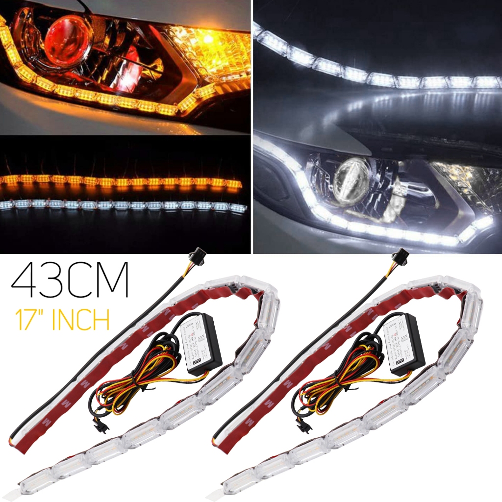 2pcs กันน้ํา Universal รถ LED Daytime Running Strip ไฟคริสตัลตา Flow ไฟเลี้ยว DRL ไฟหน้าแบบยืดหยุ่น 17 นิ้ว