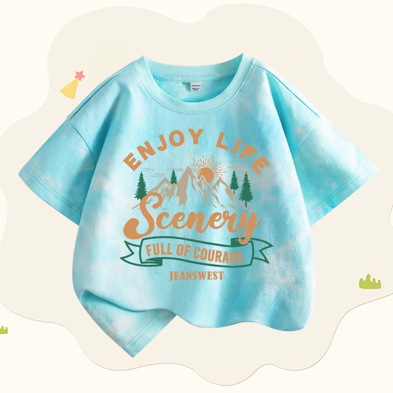 [110เซนติเมตร-160เซนติเมตร] เสื้อผ้าเด็กชายหญิงเสื้อยืดชายหญิงมัดย้อมท็อปส์ผ้าฝ้ายแท้ท็อปส์