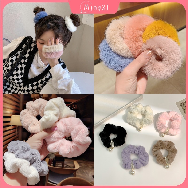 Candy Plush แหวนผมสําหรับผู้หญิงเกาหลี Pearl Rubber Band Scrunchies อุปกรณ์เสริมผม