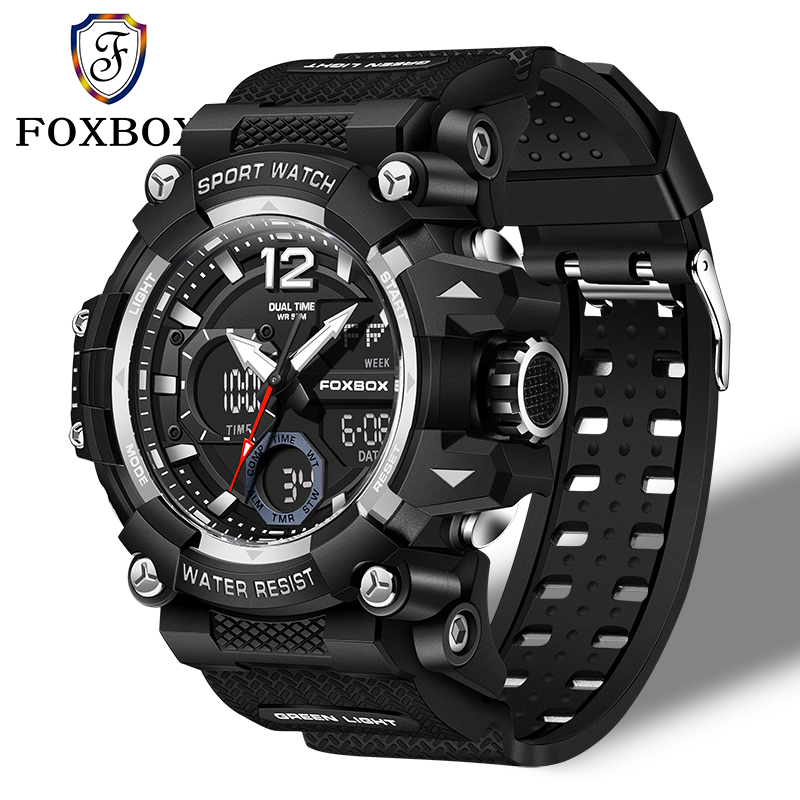 Foxbox Original LIGE Analog Digital Mens Watch สายซิลิโคนกันน้ํากลางแจ้งนาฬิกาสปอร์ต Chronograph Qua