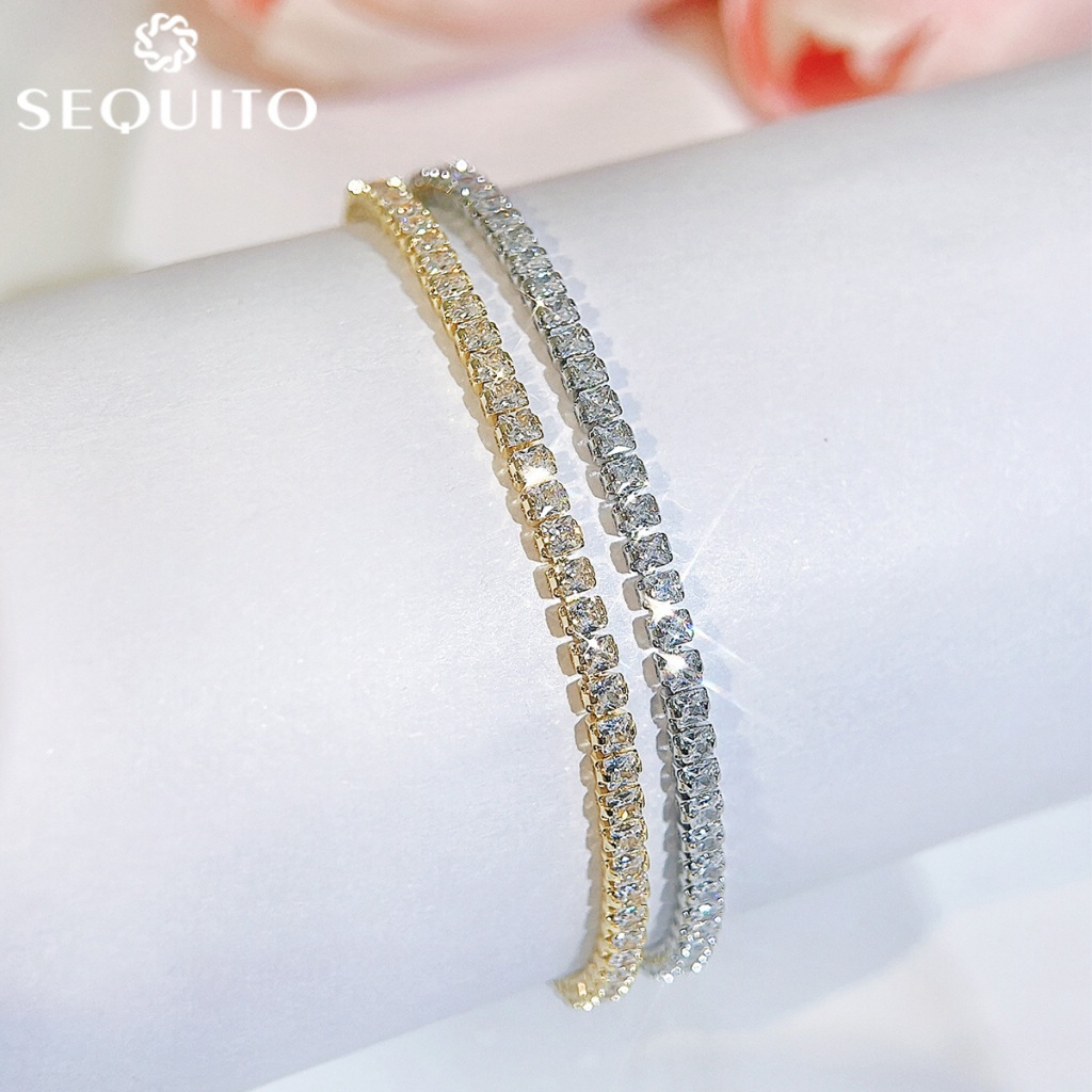 SEQUITO ที่ละเอียดอ่อนสแควร์ AAA Cubic Zirconia หิน Paved สีเหลืองทองเงินสี Chain Link สร้อยข้อมือผู้หญิง Daliy สวมใส่เครื่องประดับ B262