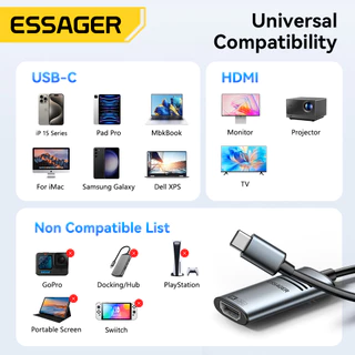 Essager 8K HDMI to Type-C อะแดปเตอร์วิดีโออลูมิเนียมอัลลอยด์รองรับคอมพิวเตอร์ แท็บเล็ต โทรศัพท์มือถือ