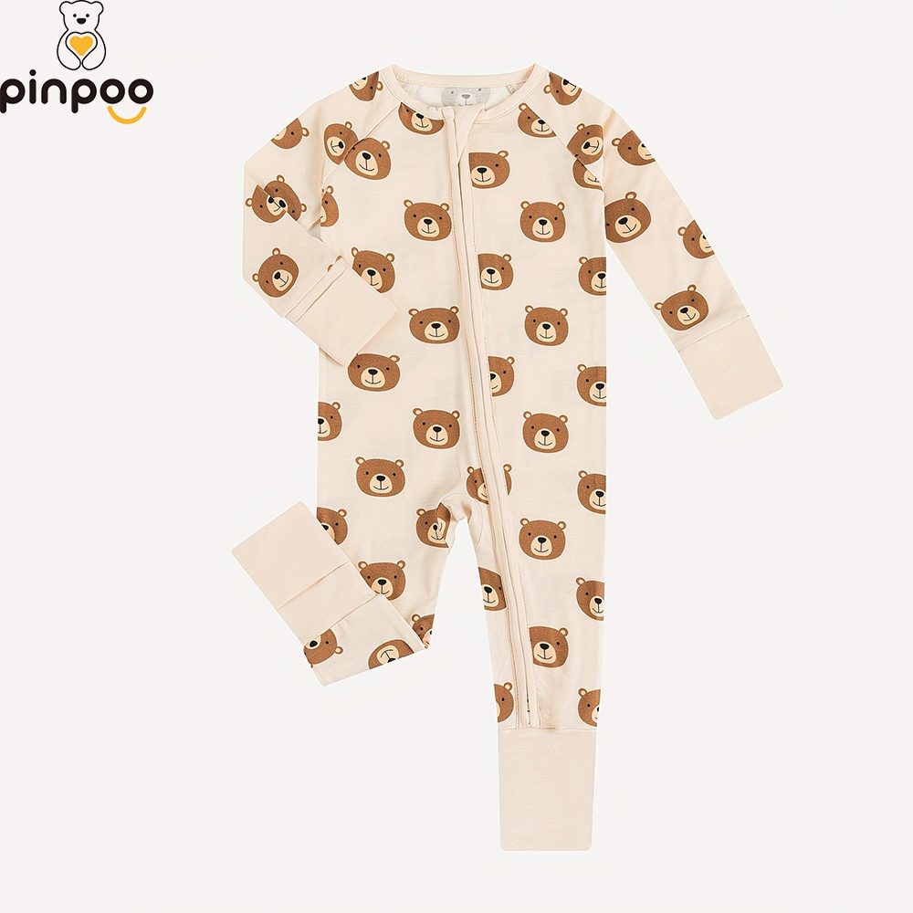 Pinpoo เด็กทารกเส้นใยไม้ไผ่หมี Allover พิมพ์บอดี้สูท Comfy Zip Up แขนยาว Onesie