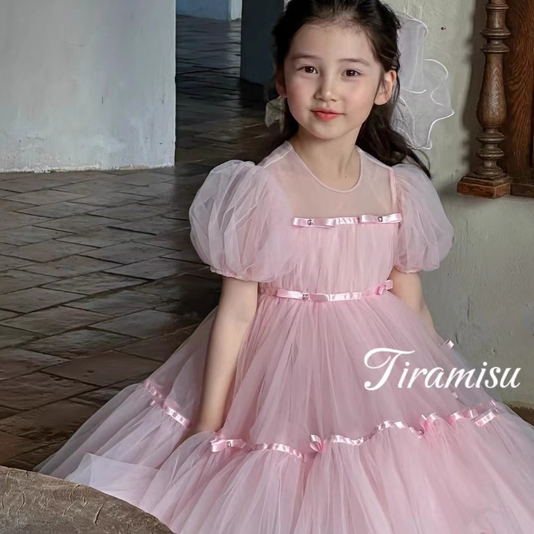 ล้างสต๊อก ชุดเจ้าหญิงเด็กผู้หญิง สีชมพู ฟูมาก โบว์ประดับอัญมณีบนชุด ผ้านุ่มมาก สำหรับวันเกิด ออกงาน แต่งงาน