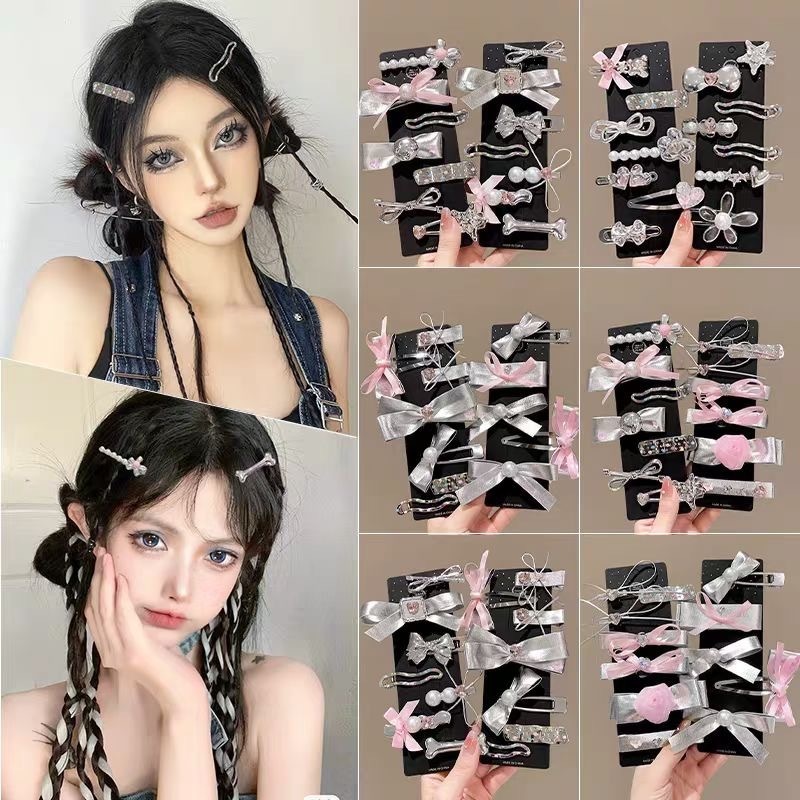 หวานเงินสีชมพูหนัง Rhinestone Bow Hairpin สีชมพู Rose Hairpin Bangs คลิปอุปกรณ์เสริมผม Duckbill คลิป
