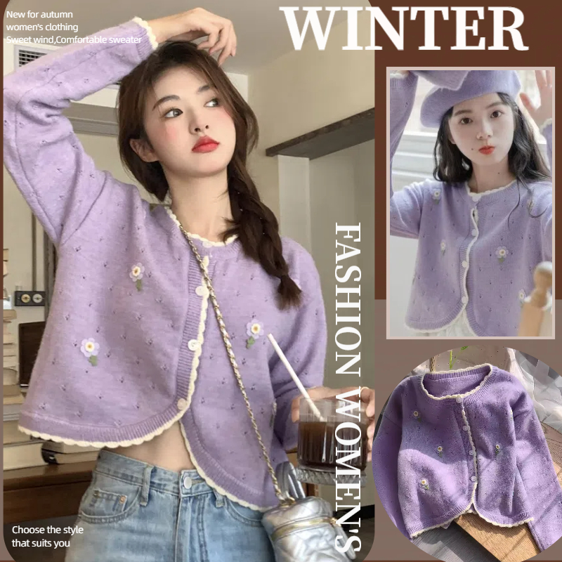 NZN แฟชั่นเกาหลีผู้หญิงเสื้อครอปหลวมสีเขียวคอลูกเรือถักเสื้อสเวตเตอร์ถัก