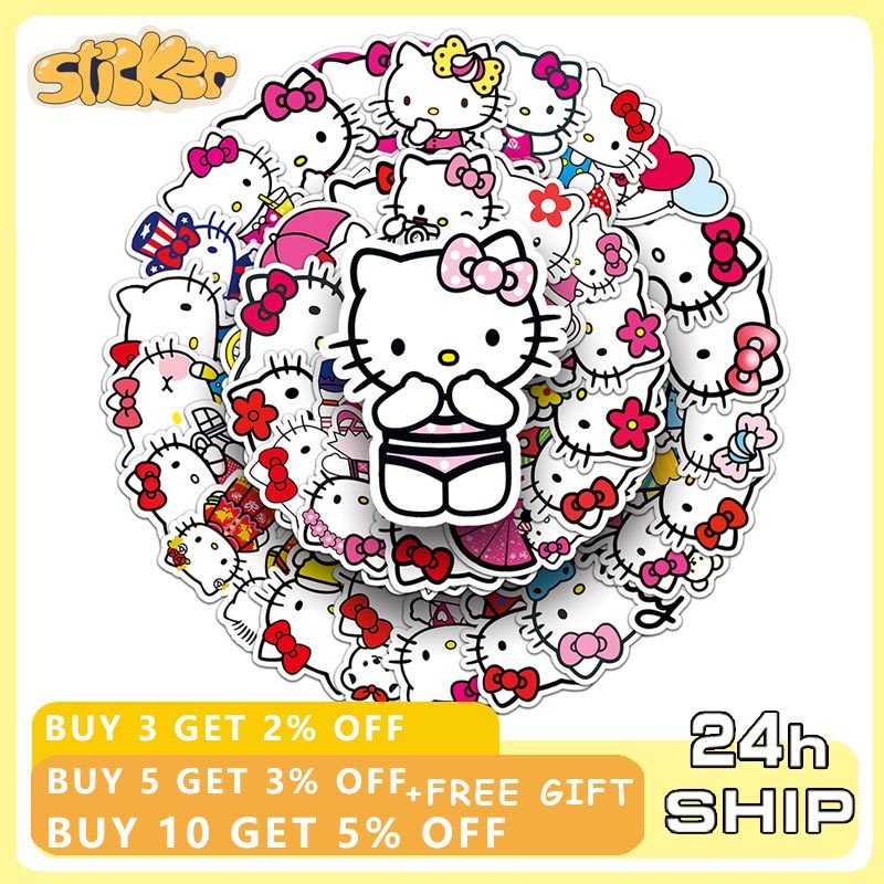 50 ชิ้น Hello Kitty สติกเกอร์แพ็คน่ารัก Sanrio อะนิเมะสติกเกอร์กันน้ําเคสโทรศัพท์แล็ปท็อปผิว DIY Decal