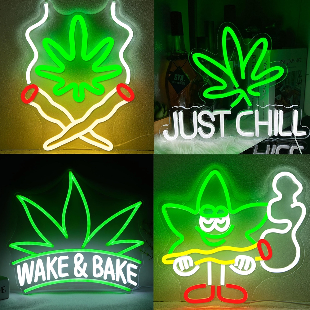 สีเขียว Leaf Neon Sign Wake และ Bake Neon Sign Leaf กัญชาสีเขียว Weed Neon ไฟสําหรับห้องนอนห้องนั่งเล่นบาร์เกมตลกของขวัญแปลกใหม่สําหรับฮาโลวีนคริสต์มาสวันเกิดเด็ก