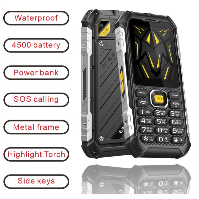 EAOR Dual SIM Card Feature Keypad โทรศัพท์ IP68 กันน้ําทนทาน 2.4 นิ้ว 4500mAh Power Bank โทรศัพท์มือถือที่มีความสว่างสูง Torch Volume side key และ SOS One Click Dialing สําหรับช่วย