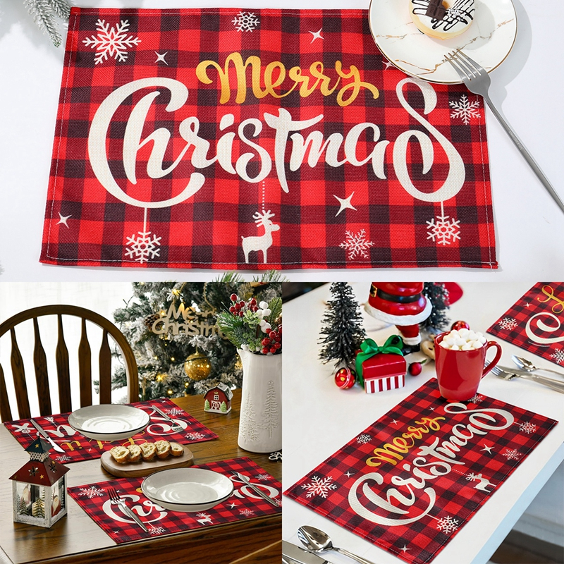 45*30 ซม.สีแดงลายสก๊อตสีดําตารางคริสต์มาสMerry Christmasผ้าลินินPlacemat Non-silpชามถ้วยPad Matสําหรับ2024 Navidadตกแต่งบ้านตกแต่งคริสต์มาส