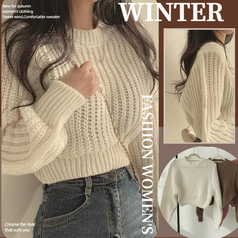 NZN เสื้อถักคอลูกเรือเรียบง่ายฝรั่งเศสสําหรับผู้หญิงเสื้อสเวตเตอร์แขนยาวหลวม