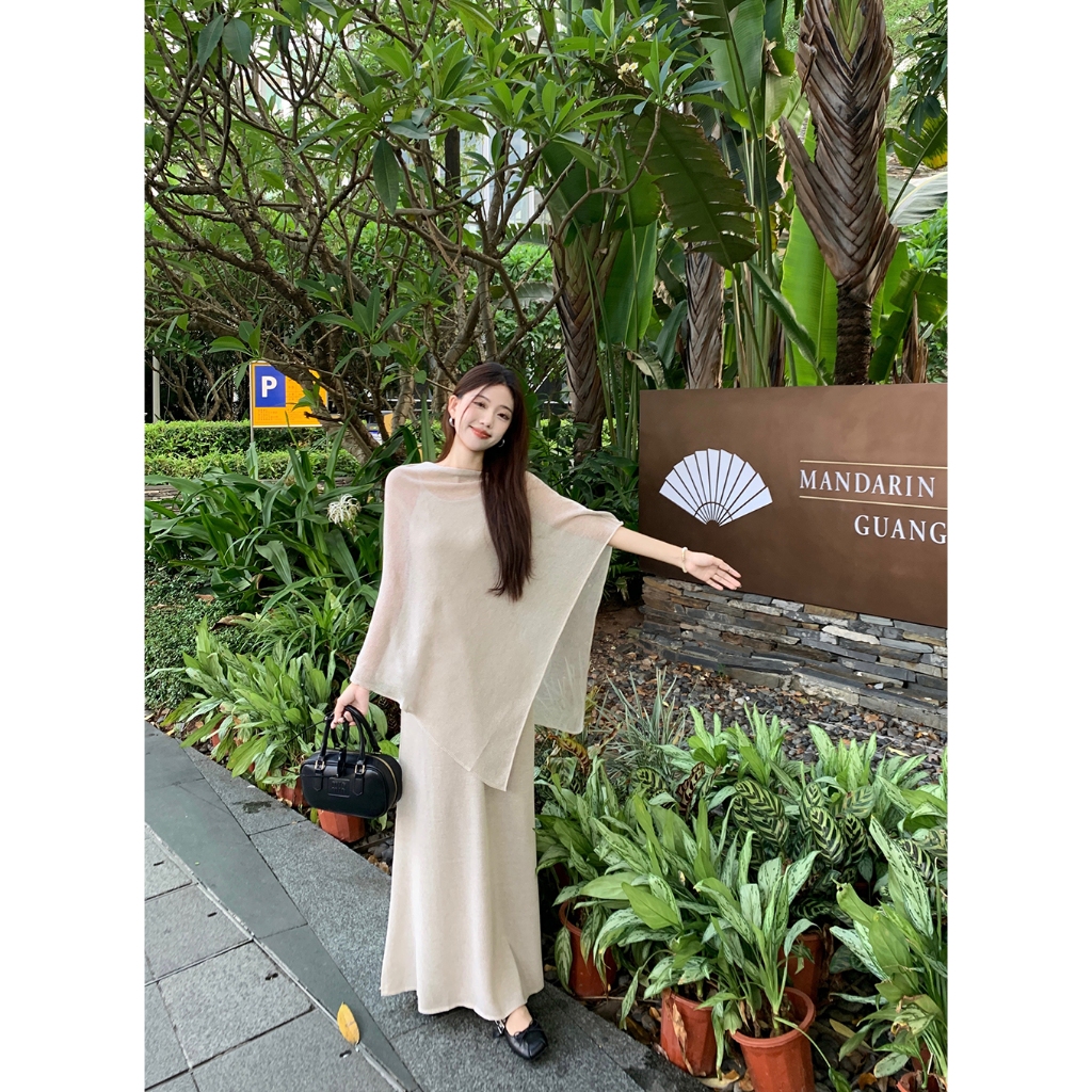 ฝรั่งเศสไม่สม่ําเสมอผ้าคลุมไหล่สไตล์อารมณ์ขี้เกียจถักครีมกันแดดเสื้อชุดชุดสองชิ้น
