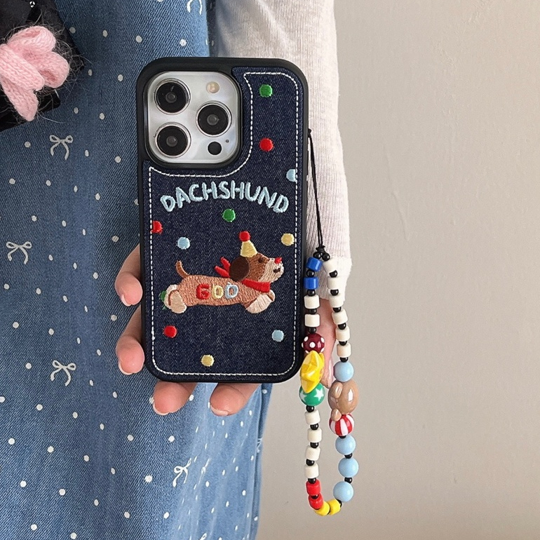 สําหรับiphone case 16 Pro Max 15 Pro Max 14 Pro Max 13 Pro Max 12 Pro MaxคาวบอยPolka Dotเย็บปักถักร้อยไส้กรอกสุนัขเคสโทรศัพท์
