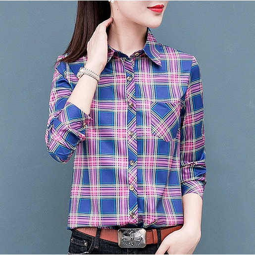 เสื้อเชิ้ตแขนยาวลายสก็อตแฟชั่นสตรี S-5XL