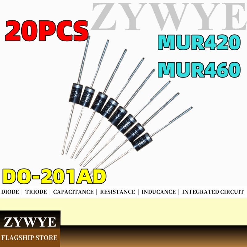 20PCS ยี่ห้อใหม่ MUR460 4A 600V MUR420 4A 200V Quick Recovery Diode MUR120 MUR160 MUR260 MUR360 MUR440 MUR480 MUR4100 อินไลน์ DO27 MUR460 ไดโอด