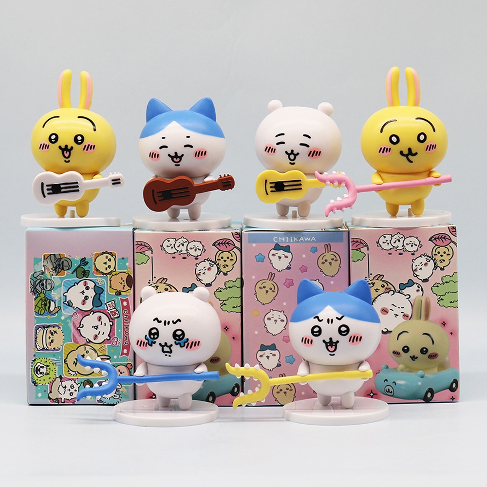6 ชิ้น/เซ็ตอะนิเมะ Chikawa รูป Hachiware Usagi เล่นกีตาร์ Expression Chikawa รุ่น Q PVC ตัวเลขการกระทําตุ๊กตาของเล่น